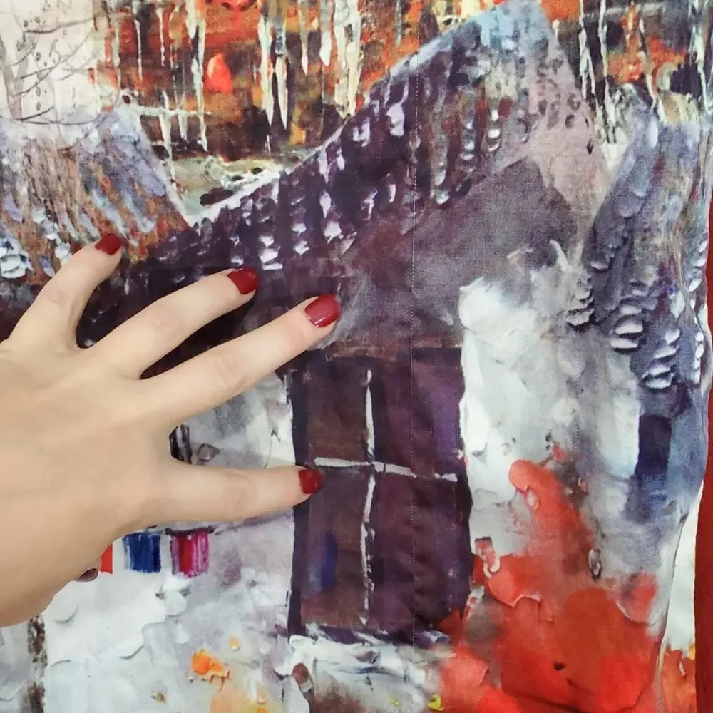 Beautiful Printed Silk Scarf Village Painting Watercolor Fringe Artwork